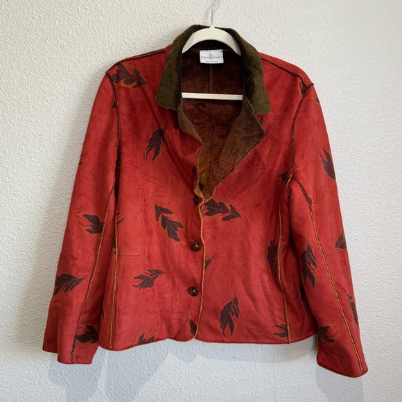 VTG Reversible Jacket Red Faux Suede + Fur Casual Button Up Boho Artsy Leaf L - Picture 1 of 14